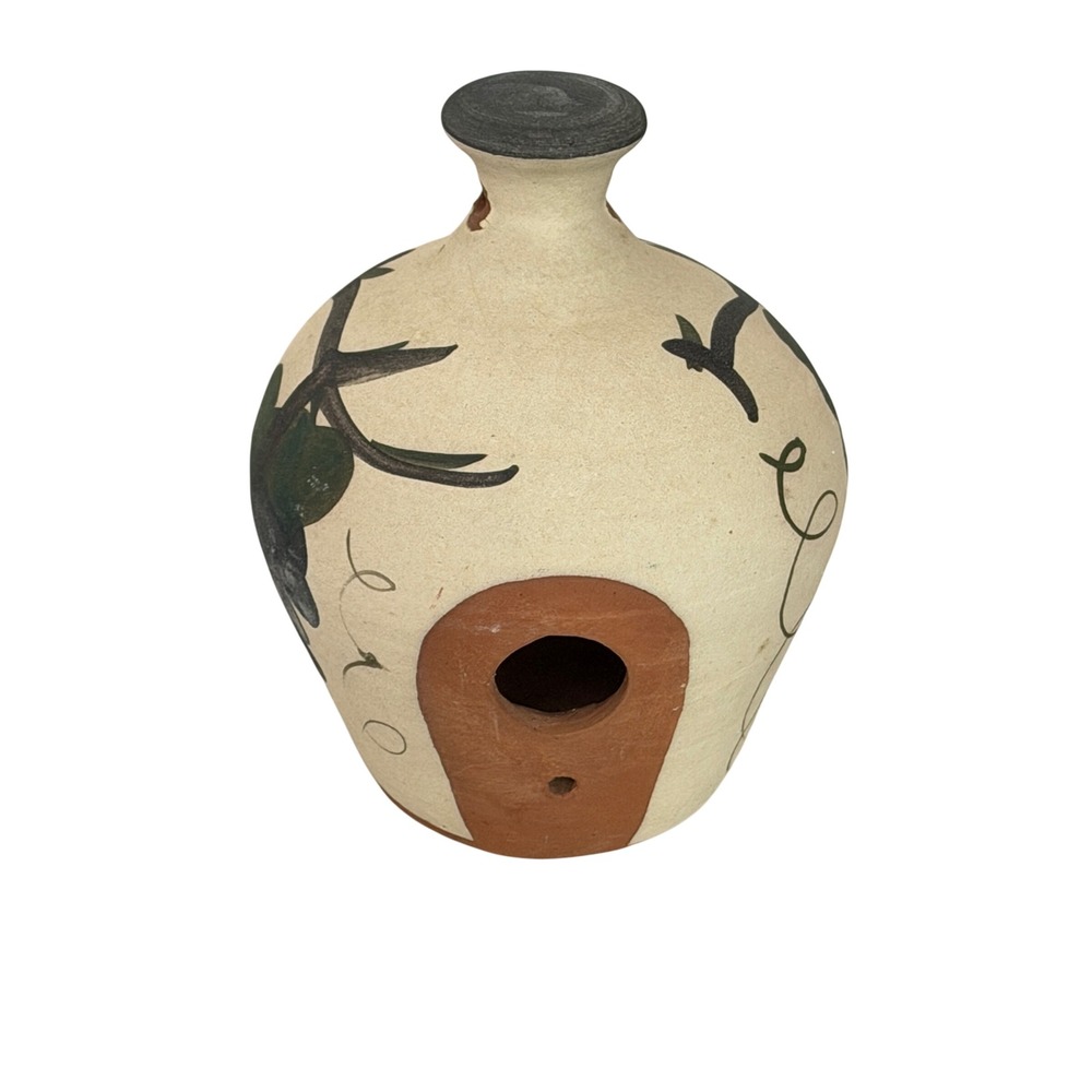Vintage Yellow Banks Pottery Birdhouse Cream Grape Vine Hand Painted 1996
